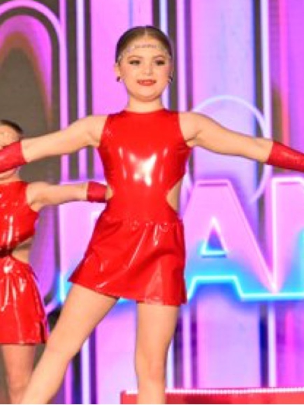 Shiny Red Vinyl Kids Dance Costume with Matching Arm Cuffs